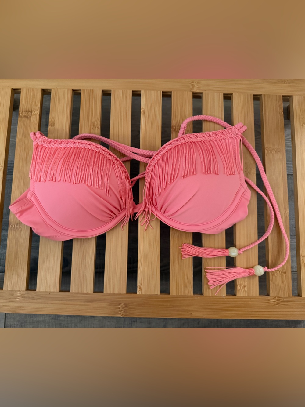 Victoria’s Secret Pink Underwire Fringe Pushup Boho Festival Bikini Swim Top 34B